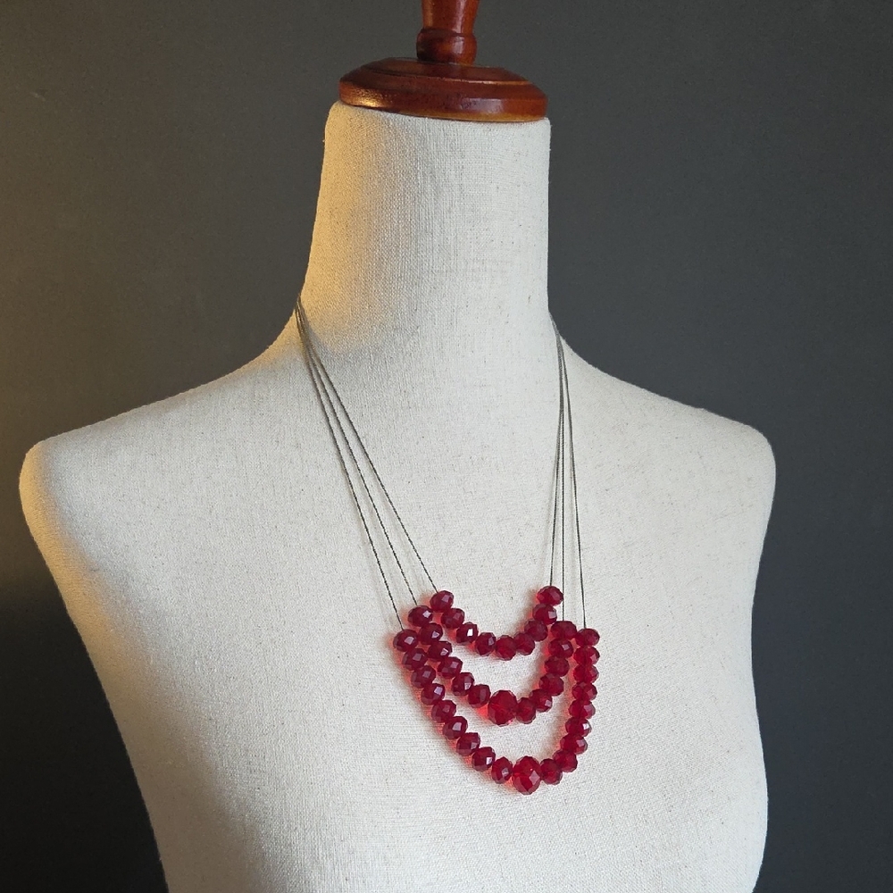 Vintage 3 Strand Red Beaded Necklace